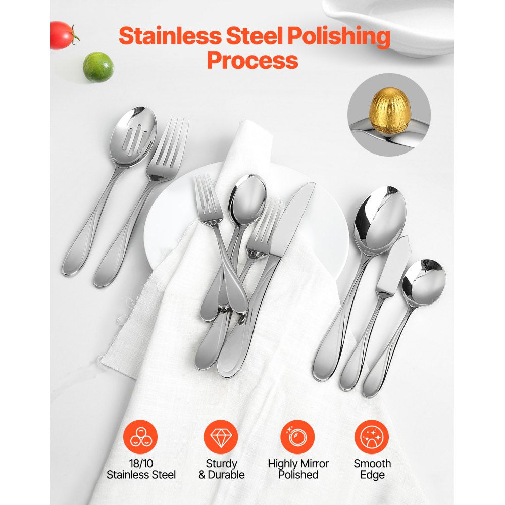 VEVOR 45-Piece Silverware Set, Food-Grade Stainless Steel Flatware Utensils, Mirror Finished Cutlery Set, Dishwasher Safe Eating Tableware for Kitchen Home, Service for 8, Include Knife Fork Spoon