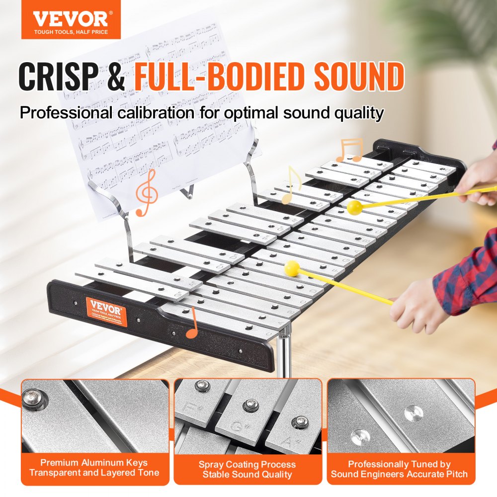 VEVOR 30 Note Glockenspiel Xylophone Bell Kit, Professional Percussion Instrument Set with Mallets, Drum Sticks, Music Stand,  8" Practice Pad, Adjustable Stand and Carrying Bag for Students & Adults