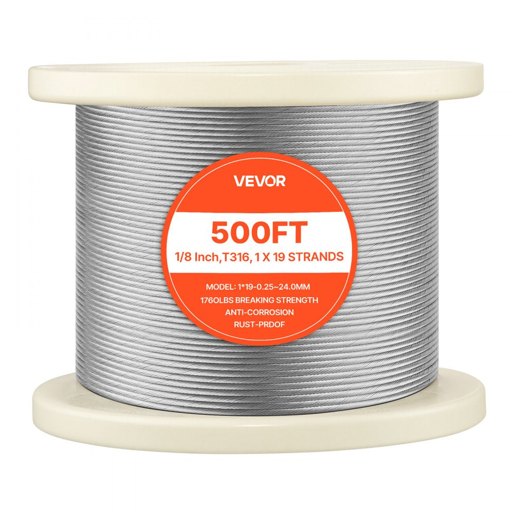 VEVOR 1/8 Inch Wire Rope, 500 ft Length, 316 Stainless Steel Wire Cable with Cutter, 1760 lbs Breaking Strength, 1 x 19 Strands Construction, Steel Cable for Deck Railing System, Garden Trellis