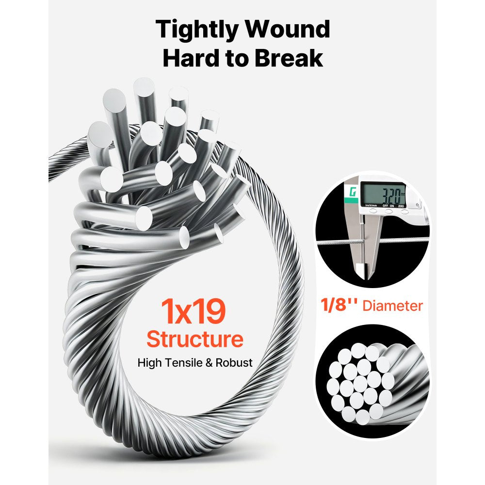 VEVOR 1/8 Inch Wire Rope, 1000 ft Length, 316 Stainless Steel Wire Cable with Cutter, 1760 lbs Breaking Strength, 1 x 19 Strands Construction, Steel Cable for Deck Railing System, Garden Trellis