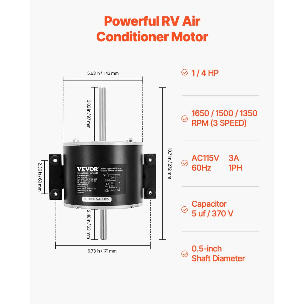 VEVOR 3315332.005 RV AC Fan Motor Replacement Genteq F48AF70A61, Dometic Brisk Air II Fan Motor, Compatible with Dometic Brisk Air II B57915 B59516 B59146 B59186 - 1/4HP AC115V 3A 1650RPM (3 Speeds)