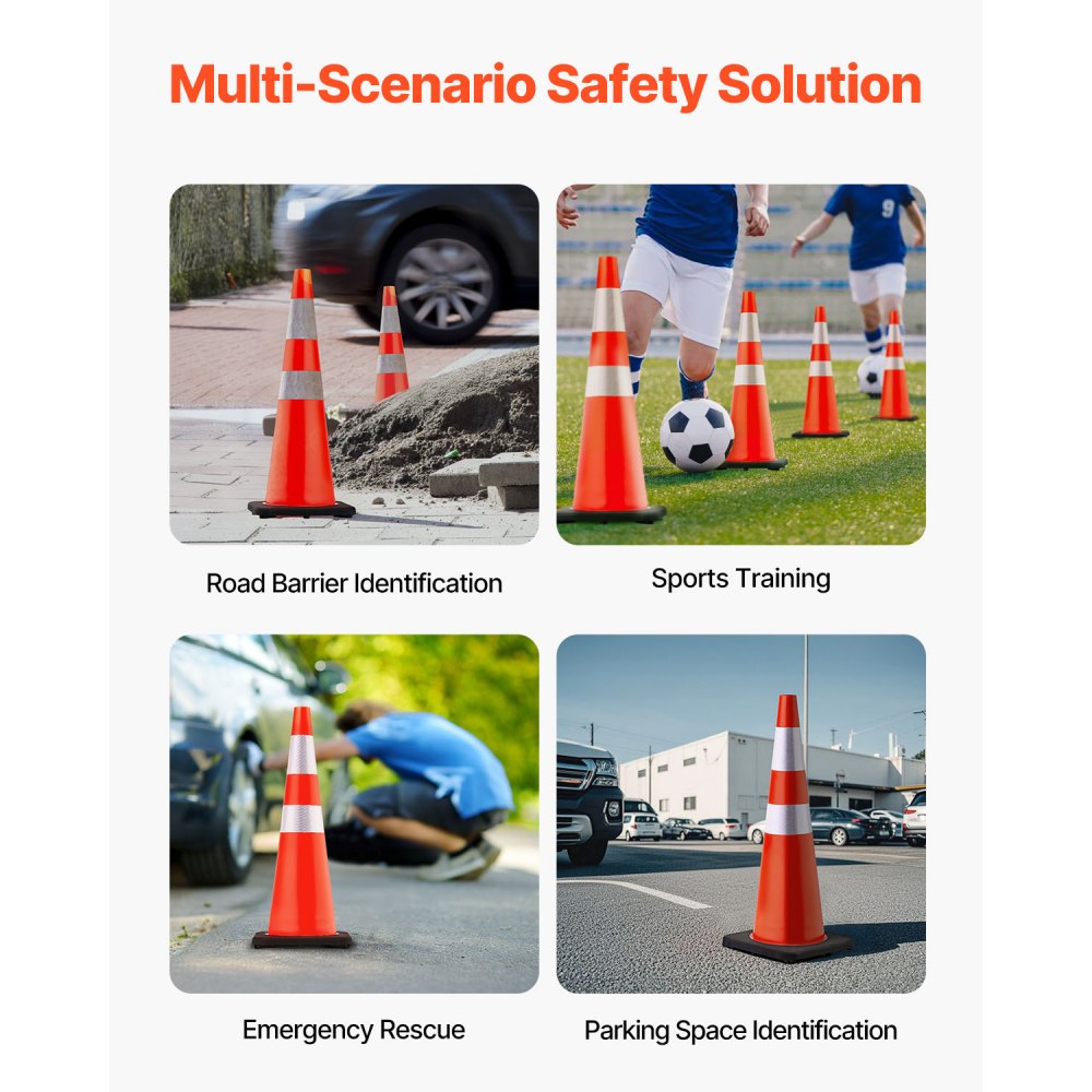 VEVOR 6Pack 36\" Traffic Cones, Safety Road Parking Cone with Black Weighted Base, PVC Orange Traffic Safety Cones, Hazard Cones Reflective Collars for Construction Traffic Parking