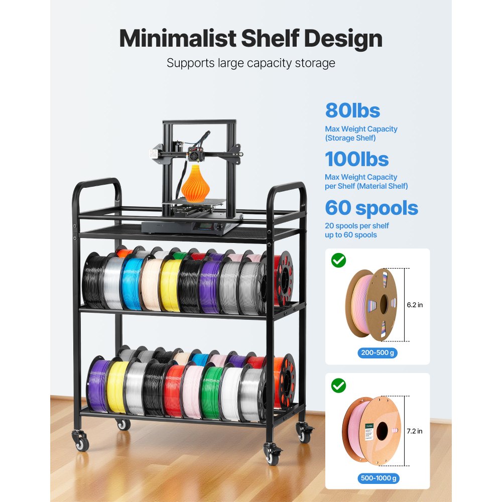VEVOR 3D Printer Filament Storage Rack, 3 Tier Heavy Duty Storage Shelf, Rolling Filament Spool Holders Racks with Wheels, Filaments Organzied for 3D Printing Station, Office, Workshop (Shelf Only)