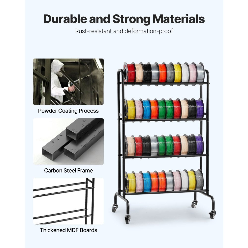 VEVOR 3D Printer Filament Storage Rack, 4 Tier Heavy Duty Storage Shelf, Rolling Filament Spool Holders Racks with Wheels, Filaments Organzied for 3D Printing Station, Office, Workshop (Shelf Only)