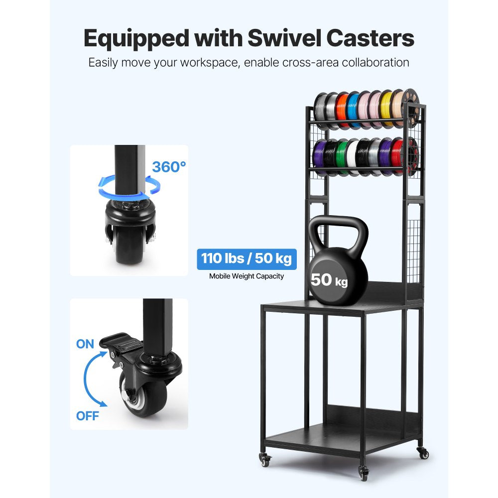 VEVOR 3D Printer Filament Storage Rack, 4-Tier 3D Printer Stand with Filament Storage, Spools Holder Racks Cart with Wheels, Filaments Organzied for 3D Printing Station, Office, Workshop (Shelf Only)