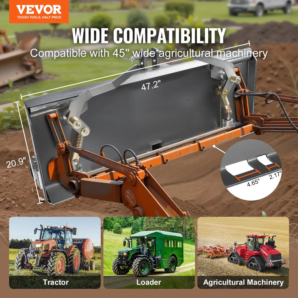 VEVOR universal 3-point skid steer plate in use with tractor/loader - wide compatibility graphic