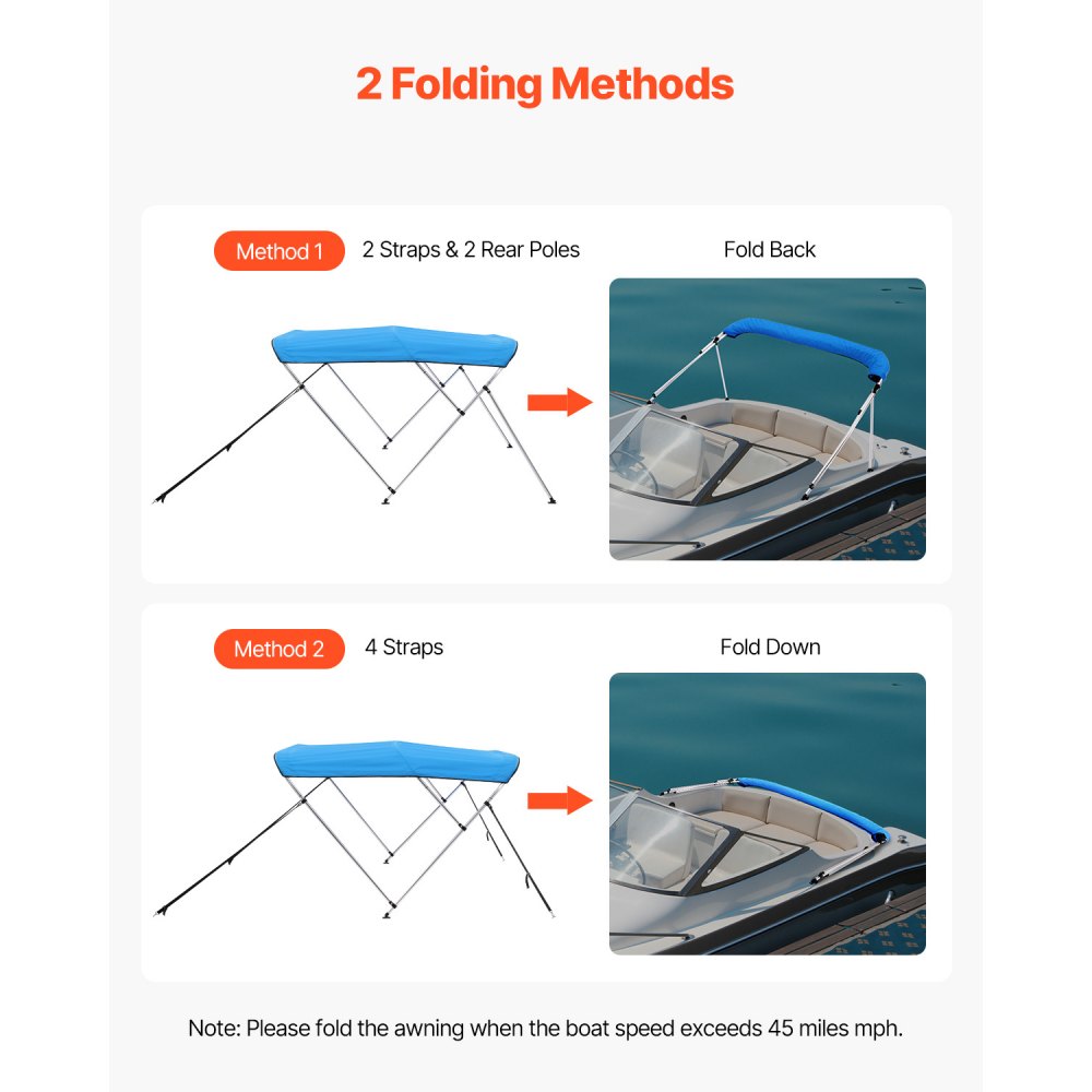 VEVOR 3 Bow Boat Bimini Tops, 600D Polyester Canopy with Aluminum Alloy Frame, Waterproof & Sun Shade Boat Awning Canopy with Storage Bag, 2 Support Poles, 4 Straps, 6'Lx(54"-60")Wx46"H, Pacific Blue