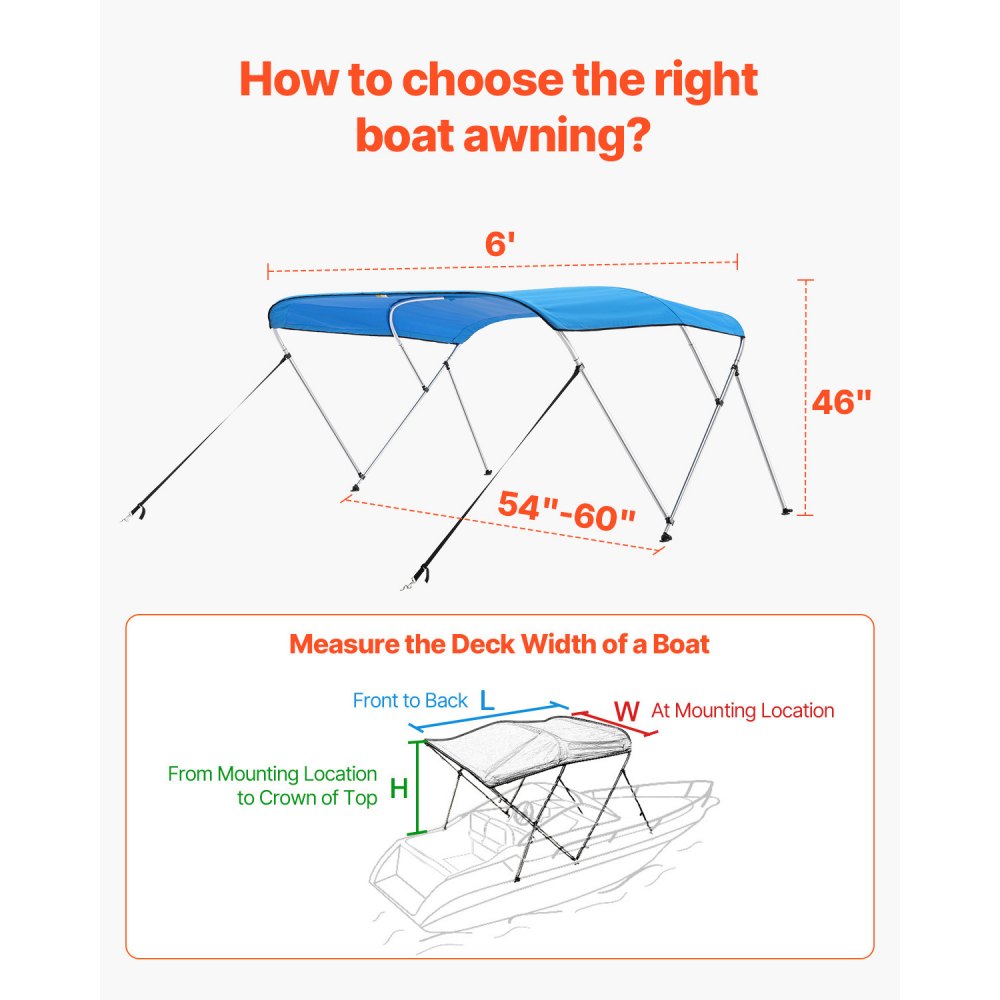 VEVOR 3 Bow Boat Bimini Tops, 600D Polyester Canopy with Aluminum Alloy Frame, Waterproof & Sun Shade Boat Awning Canopy with Storage Bag, 2 Support Poles, 4 Straps, 6'Lx(54"-60")Wx46"H, Pacific Blue