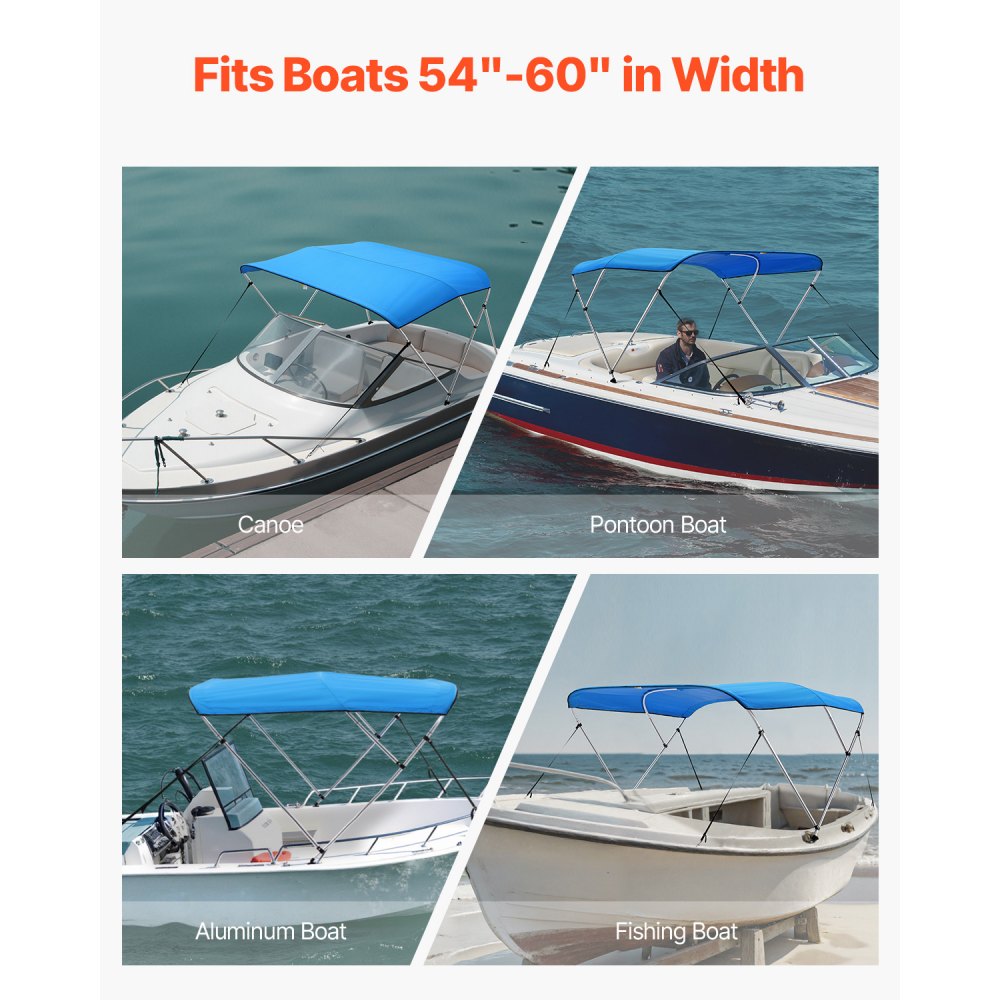 VEVOR 3 Bow Boat Bimini Tops, 600D Polyester Canopy with Aluminum Alloy Frame, Waterproof & Sun Shade Boat Awning Canopy with Storage Bag, 2 Support Poles, 4 Straps, 6'Lx(54"-60")Wx46"H, Pacific Blue