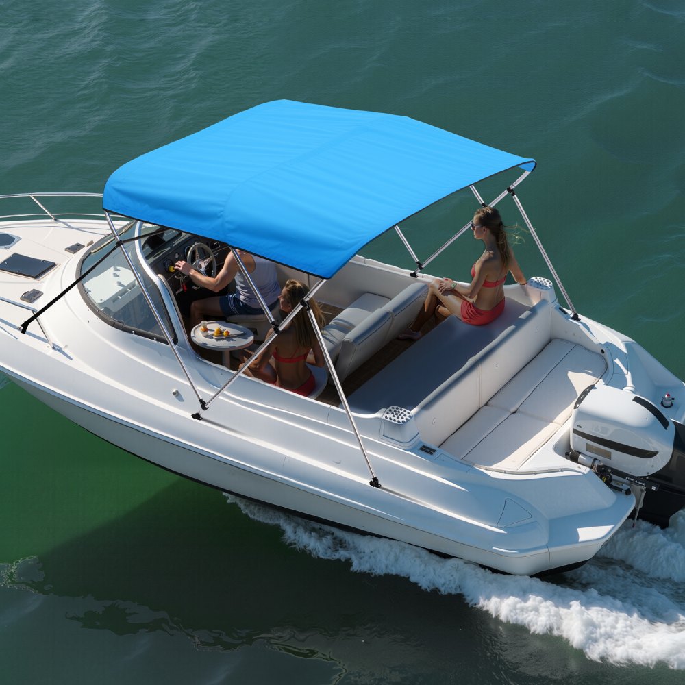 VEVOR 3 Bow Boat Bimini Tops, 600D Polyester Canopy with Aluminum Alloy Frame, Waterproof & Sun Shade Boat Awning Canopy with Storage Bag, 2 Support Poles, 4 Straps, 6'Lx(54"-60")Wx46"H, Pacific Blue