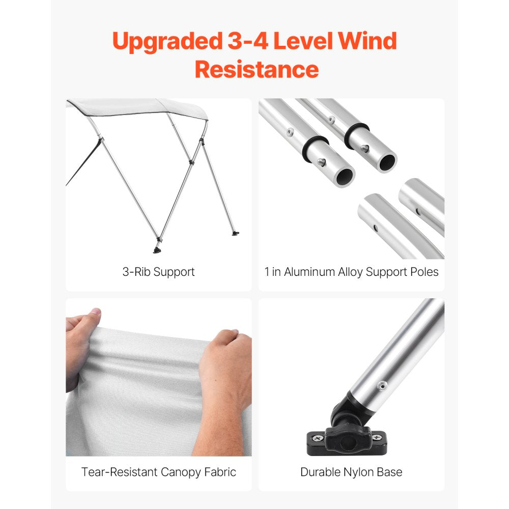 VEVOR 3 Bow Boat Bimini Tops, 600D Polyester Canopy with Aluminum Alloy Frame, Waterproof & Sun Shade Boat Awning Canopy with Storage Bag, 2 Support Poles, 4 Straps, 6'Lx(54"-60")Wx46"H, Light Grey