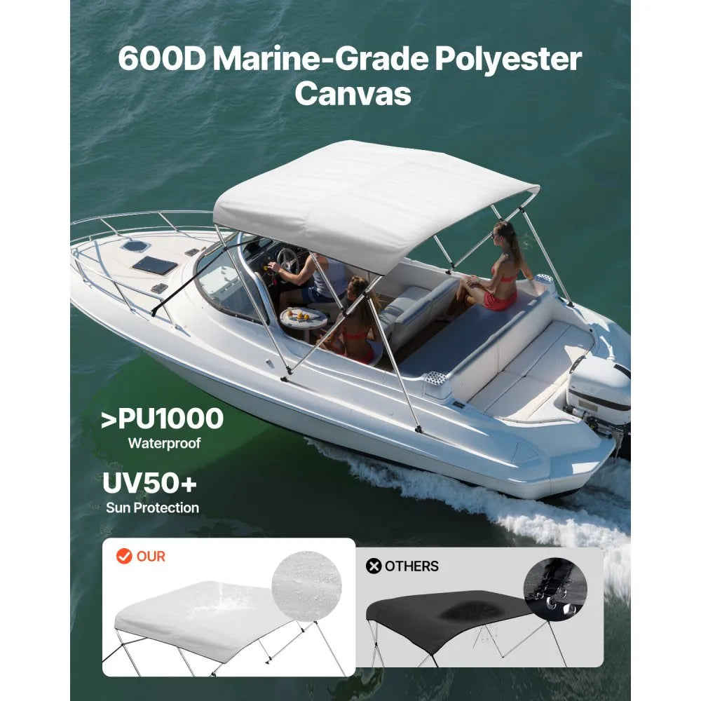 VEVOR 3 Bow Boat Bimini Tops, 600D Polyester Canopy with Aluminum Alloy Frame, Waterproof & Sun Shade Boat Awning Canopy with Storage Bag, 2 Support Poles, 4 Straps, 72"Lx(73"-78")Wx46"H, Light Grey
