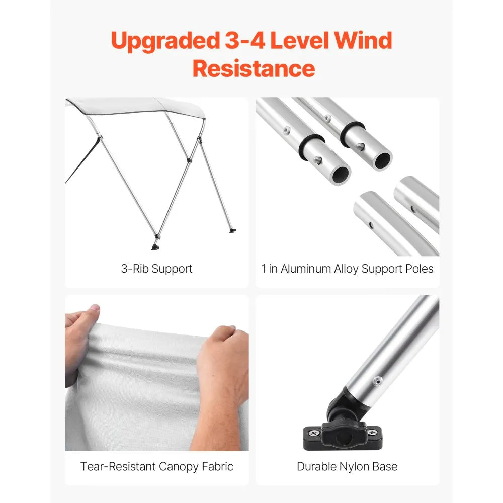 VEVOR 3 Bow Boat Bimini Tops, 600D Polyester Canopy with Aluminum Alloy Frame, Waterproof & Sun Shade Boat Awning Canopy with Storage Bag, 2 Support Poles, 4 Straps, 72"Lx(73"-78")Wx46"H, Light Grey