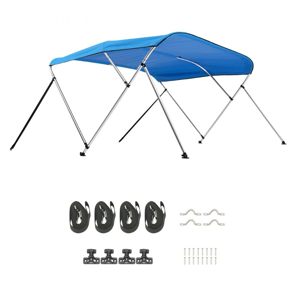 VEVOR 3 Bow Boat Bimini Tops, 600D Polyester Canopy with Aluminum Alloy Frame, Waterproof & Sun Shade Boat Awning Canopy with Storage Bag, 2 Support Poles, 4 Straps, 72"Lx(79"-84")Wx46"H, Pacific Blue