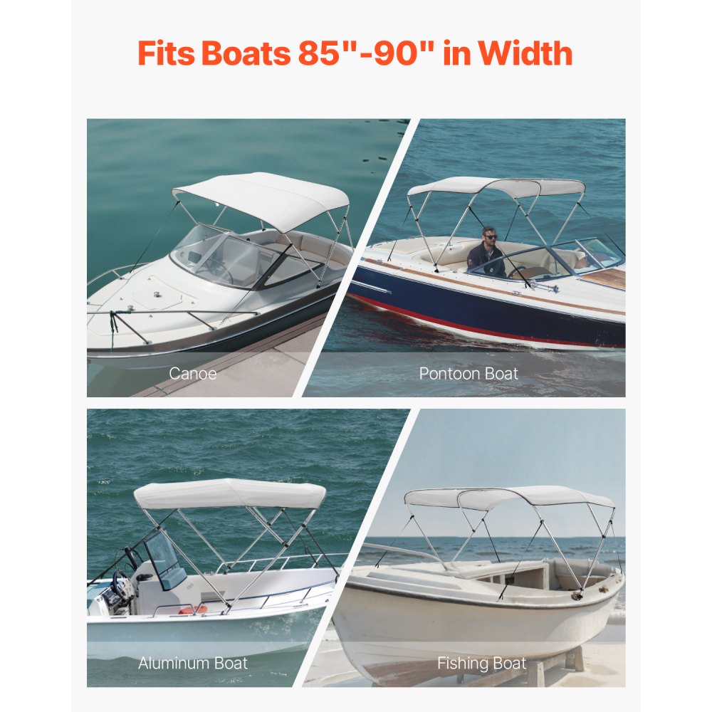 VEVOR 3 Bow Boat Bimini Tops, 600D Polyester Canopy with Aluminum Alloy Frame, Waterproof & Sun Shade Boat Awning Canopy with Storage Bag, 2 Support Poles, 4 Straps, 72"Lx(85"-90")Wx46"H, Light Grey
