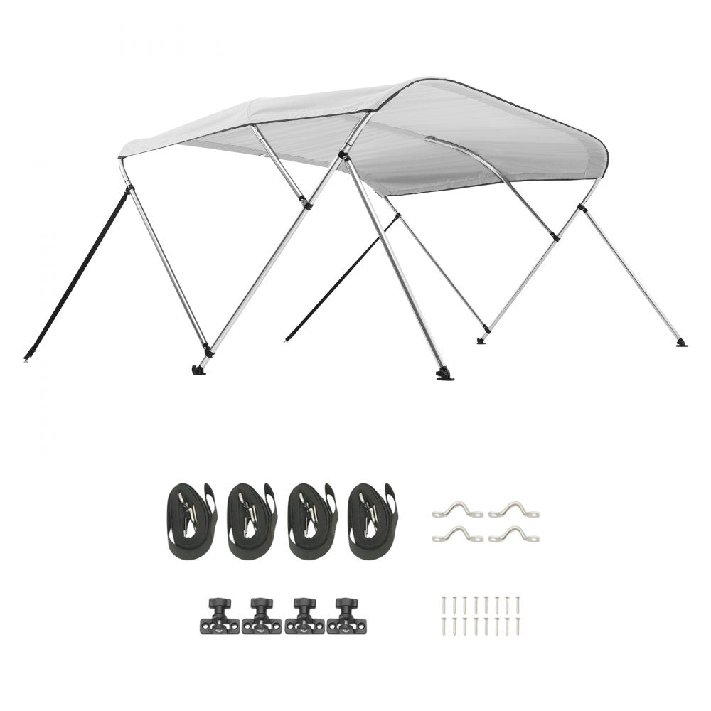 VEVOR 3 Bow Boat Bimini Tops, 600D Polyester Canopy with Aluminum Alloy Frame, Waterproof & Sun Shade Boat Awning Canopy with Storage Bag, 2 Support Poles, 4 Straps, 72"Lx(85"-90")Wx46"H, Light Grey