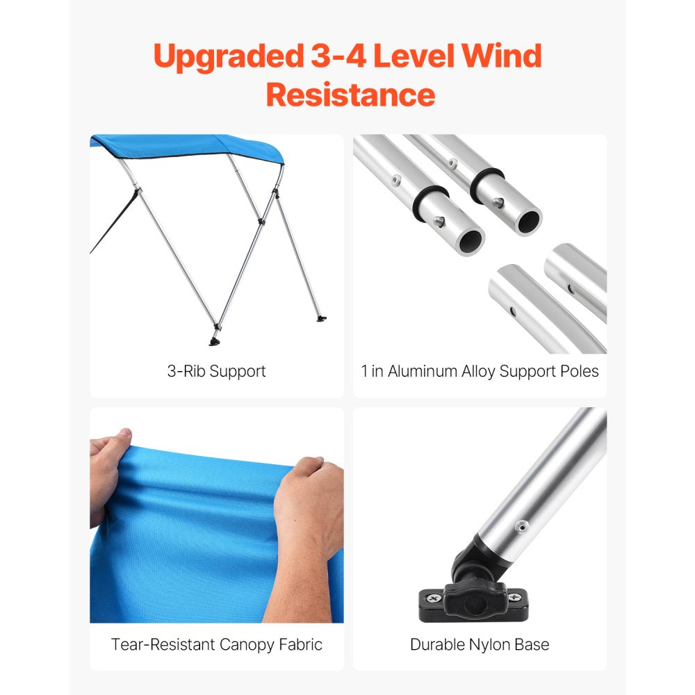 VEVOR 3 Bow Boat Bimini Tops, 600D Polyester Canopy with Aluminum Alloy Frame, Waterproof & Sun Shade Boat Awning Canopy with Storage Bag, 2 Support Poles, 4 Straps, 72"Lx(85"-90")Wx46"H, Pacific Blue