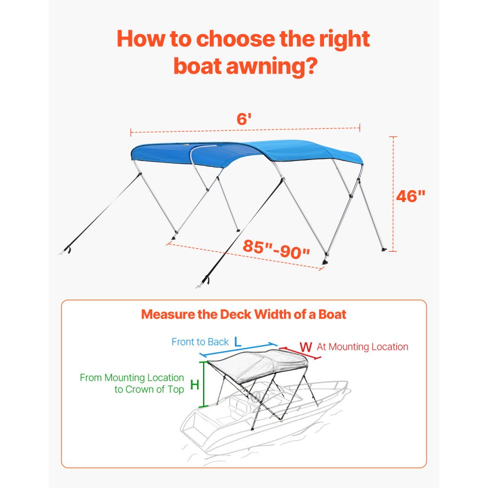 VEVOR 3 Bow Boat Bimini Tops, 600D Polyester Canopy with Aluminum Alloy Frame, Waterproof & Sun Shade Boat Awning Canopy with Storage Bag, 2 Support Poles, 4 Straps, 72"Lx(85"-90")Wx46"H, Pacific Blue
