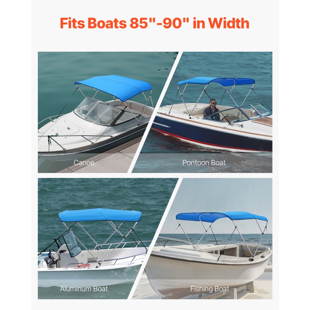 VEVOR 3 Bow Boat Bimini Tops, 600D Polyester Canopy with Aluminum Alloy Frame, Waterproof & Sun Shade Boat Awning Canopy with Storage Bag, 2 Support Poles, 4 Straps, 72"Lx(85"-90")Wx46"H, Pacific Blue