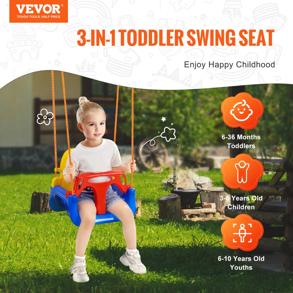 VEVOR 3-in-1 Toddler Swing Seat, 200 lbs Weight Capacity Baby Swing Seat, with Adjustable Ropes and Snap Hooks, Snug & Secure Detachable Infants to Teens Kids Swing Seat, for Outdoor and Indoor
