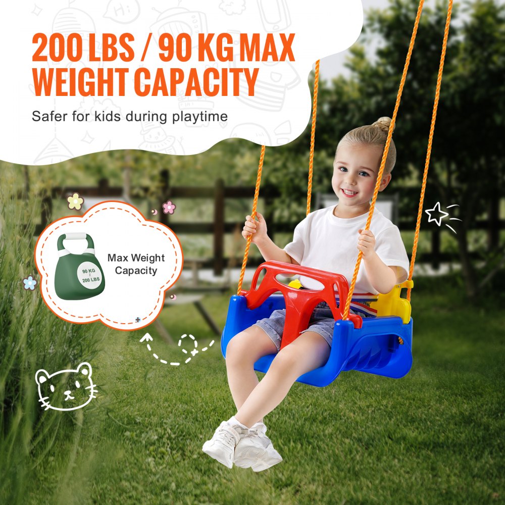 VEVOR 3-in-1 Toddler Swing Seat, 200 lbs Weight Capacity Baby Swing Seat, with Adjustable Ropes and Snap Hooks, Snug & Secure Detachable Infants to Teens Kids Swing Seat, for Outdoor and Indoor