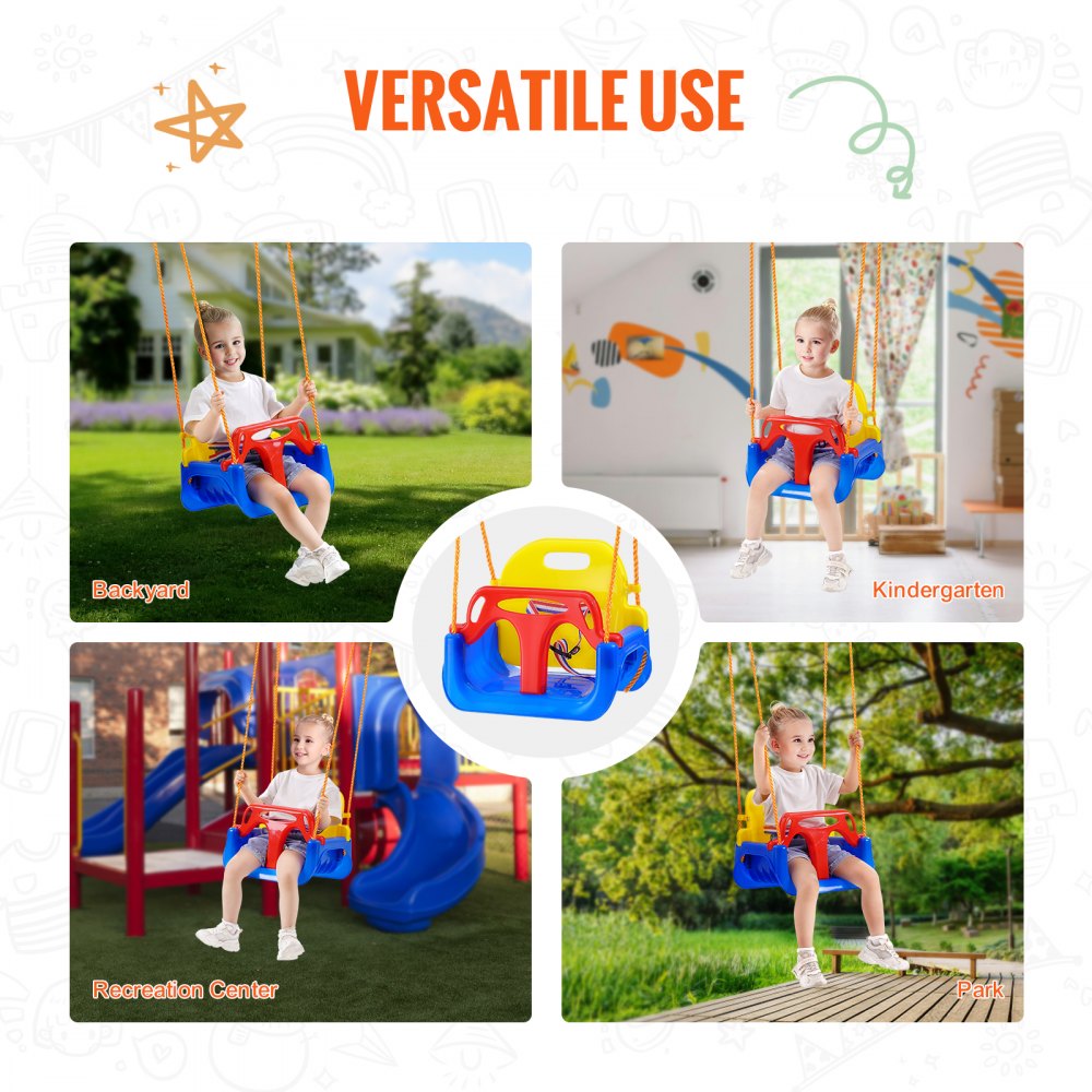 VEVOR 3-in-1 Toddler Swing Seat, 200 lbs Weight Capacity Baby Swing Seat, with Adjustable Ropes and Snap Hooks, Snug & Secure Detachable Infants to Teens Kids Swing Seat, for Outdoor and Indoor