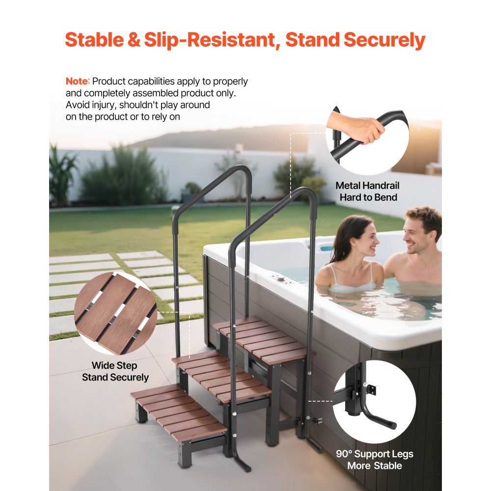 VEVOR Hot Tub Steps with Handrail, 3-Step Spa Outdoor Stairs, Heavy Duty 25.2 inch Wide Above-Ground/Inflatable Pool Ladder with 550 lbs Weight Capacity, Multi-Use for Porch, Patio, Deck, Trailers