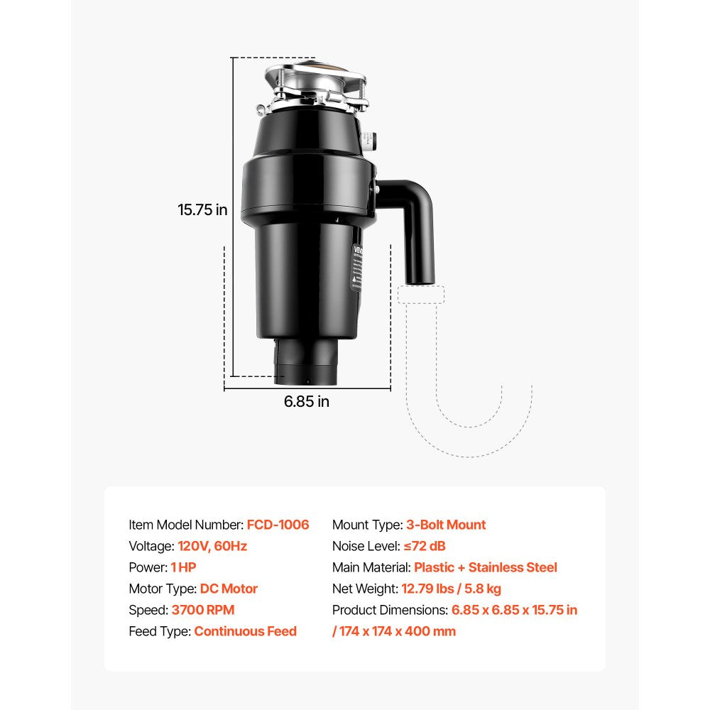 VEVOR Food Waste Garbage Disposal, 1HP 3700RPM DC Motor, Continuous Feed Kitchen Sink Garbage Disposer, 3-Bolt Mount Food Waste Grinding System with Splash Guard & Power Cord for Kitchens
