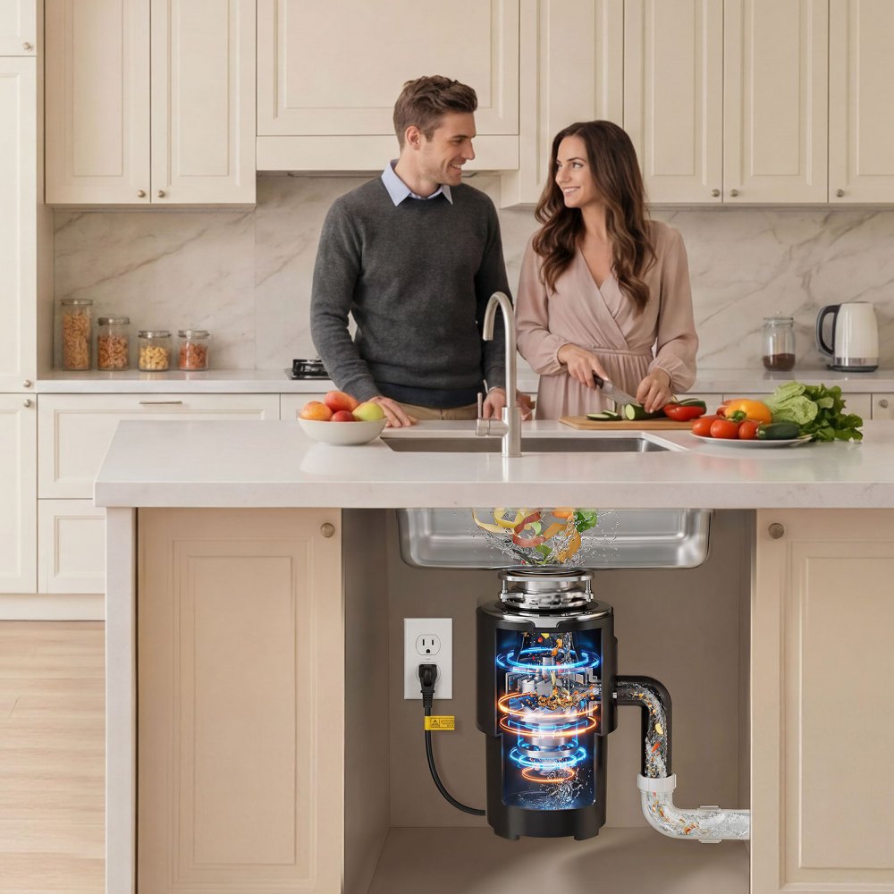 VEVOR Food Waste Garbage Disposal, 3/4HP 1500RPM AC Motor, Continuous Feed Kitchen Sink Garbage Disposer, 3-Bolt Mount Food Waste Grinding System with Splash Guard & Power Cord for Kitchens