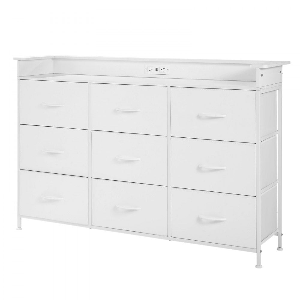VEVOR 9 Drawer Dresser, Tall Drawer Dresser with Fabric Bin, Closet Storage Drawers with Sturdy Metal Frame, LED Lights & Built-in Outlet, Fabric Storage Tower for Bedroom, Hallway, Closet, White