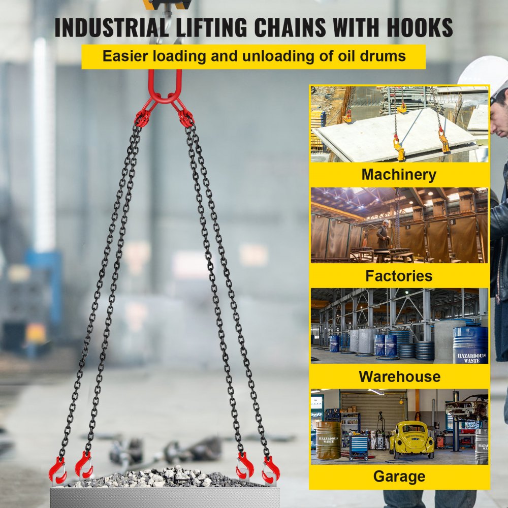 VEVOR Chain Sling, 5/16 inch x 10 ft Lifting Chains with Hooks, G80 Engine Chain Hoist Lifts, 11000 lbs/5 Ton Capacity Lifting Sling Chains for Engine Hoist, Engine Lift Chain with 4 Leg Grab Hooks