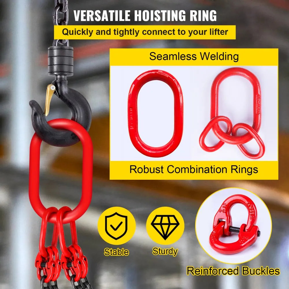 VEVOR Chain Sling, 5/16 inch x 10 ft Lifting Chains with Hooks, G80 Engine Chain Hoist Lifts, 11000 lbs/5 Ton Capacity Lifting Sling Chains for Engine Hoist, Engine Lift Chain with 4 Leg Grab Hooks