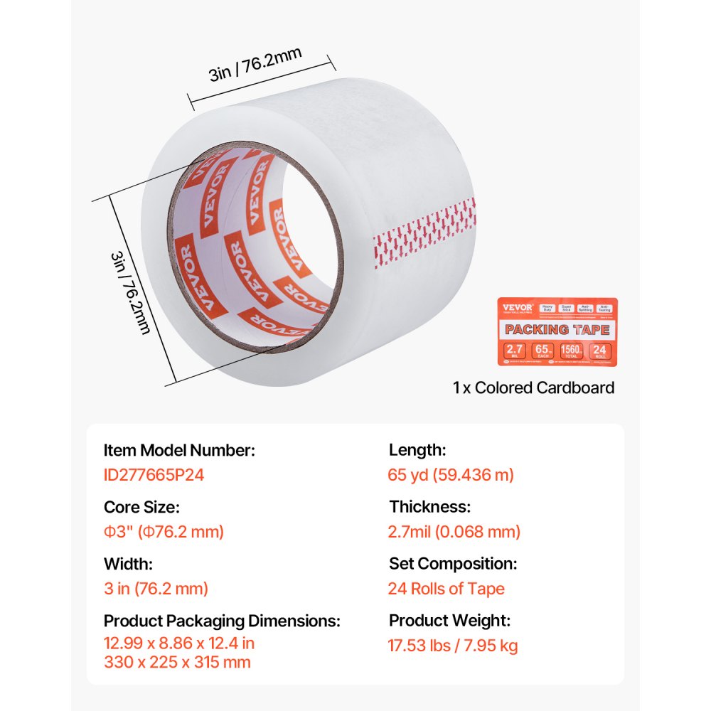 VEVOR Clear Packing Tape, 3 inches Core, 24 Rolls 3 Inches x 65 Yards Packing Tape, 2.7 Mil Thick, Heavy Duty Packaging Tape Designed for Moving, Storage and Packing, Shipping and Mailing, Office