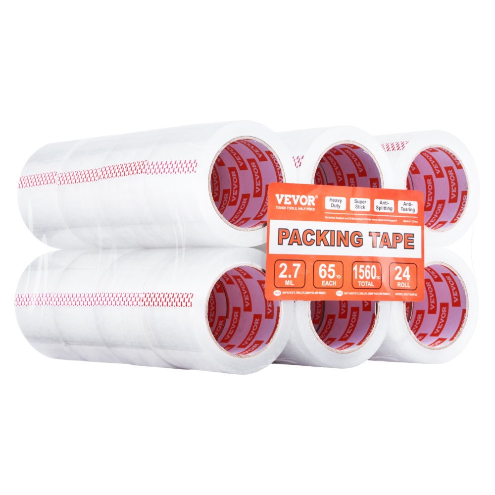 VEVOR Clear Packing Tape, 3 inches Core, 24 Rolls 3 Inches x 65 Yards Packing Tape, 2.7 Mil Thick, Heavy Duty Packaging Tape Designed for Moving, Storage and Packing, Shipping and Mailing, Office