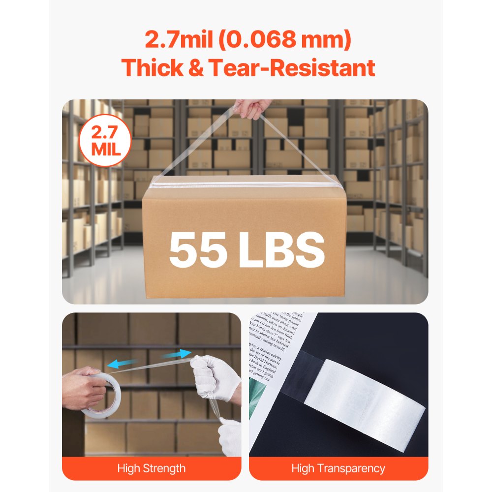 VEVOR Clear Packing Tape, 3 inches Core, 6 Rolls 1.88 Inches x 65 Yards Packing Tape with Dispenser, 2.7 Mil Heavy Duty Packaging Tape Designed for Moving, Storage and Packing, Shipping and Mailing
