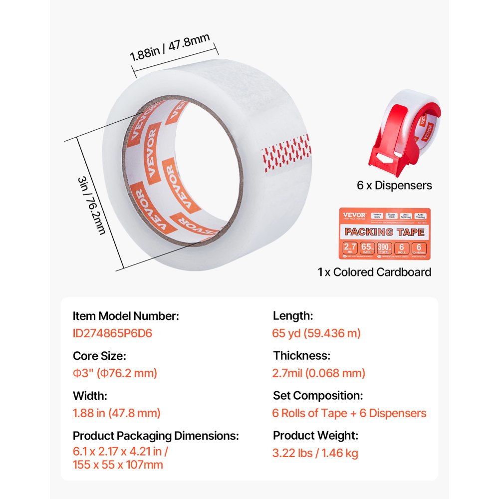 VEVOR Clear Packing Tape, 3 inches Core, 6 Rolls 1.88 Inches x 65 Yards Packing Tape with Dispenser, 2.7 Mil Heavy Duty Packaging Tape Designed for Moving, Storage and Packing, Shipping and Mailing