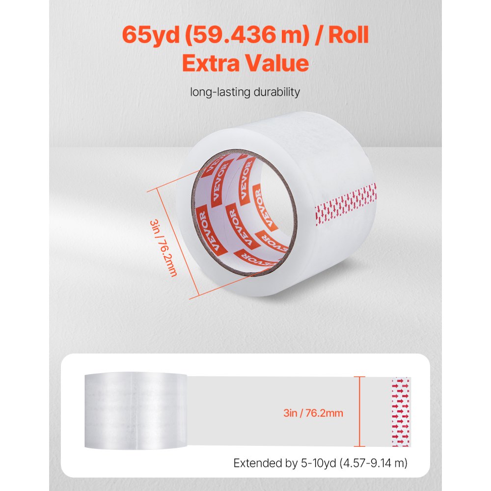 VEVOR Clear Packing Tape, 3 inches Core, 6 Rolls 3 Inches x 65 Yards Packing Tapes, 2.7 Mil Thick, Heavy Duty Packaging Tape Designed for Moving, Storage and Packing, Shipping and Mailing, Office