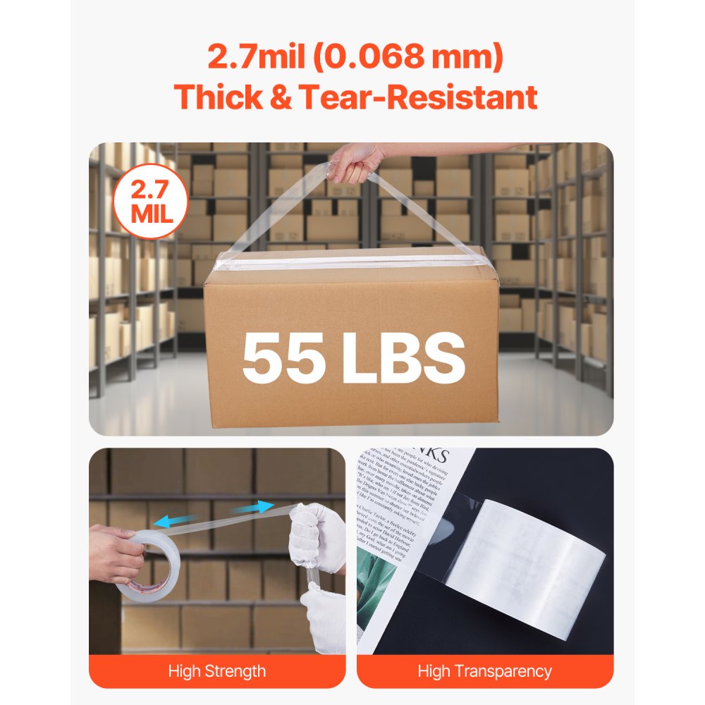 VEVOR Clear Packing Tape, 3 inches Core, 6 Rolls 3 Inches x 65 Yards Packing Tapes, 2.7 Mil Thick, Heavy Duty Packaging Tape Designed for Moving, Storage and Packing, Shipping and Mailing, Office