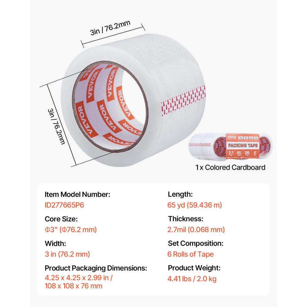 VEVOR Clear Packing Tape, 3 inches Core, 6 Rolls 3 Inches x 65 Yards Packing Tapes, 2.7 Mil Thick, Heavy Duty Packaging Tape Designed for Moving, Storage and Packing, Shipping and Mailing, Office