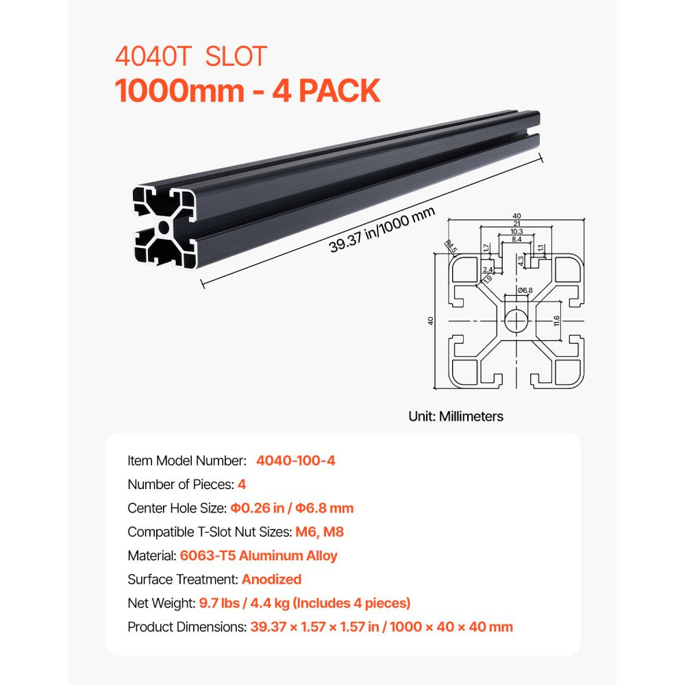 VEVOR 4PCS 39.4 in (1000mm) T Slot 4040 Aluminum Extrusion Profile, European Standard Anodized Linear Rail, High-Strength Extruded Aluminum Rail for 3D Printer, CNC Machine DIY, Laser Engraving, Black