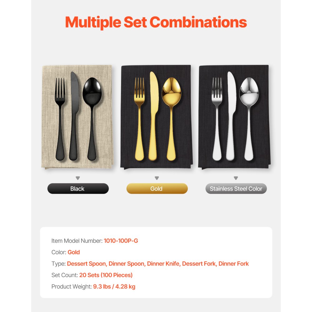VEVOR 100-Piece Gold Silverware Set, Food-Grade Stainless Steel Flatware Utensils for 20, Mirror Finished Cutlery Set, Dishwasher Safe Eating Tableware for Kitchen Home, Include Knife Fork Spoon