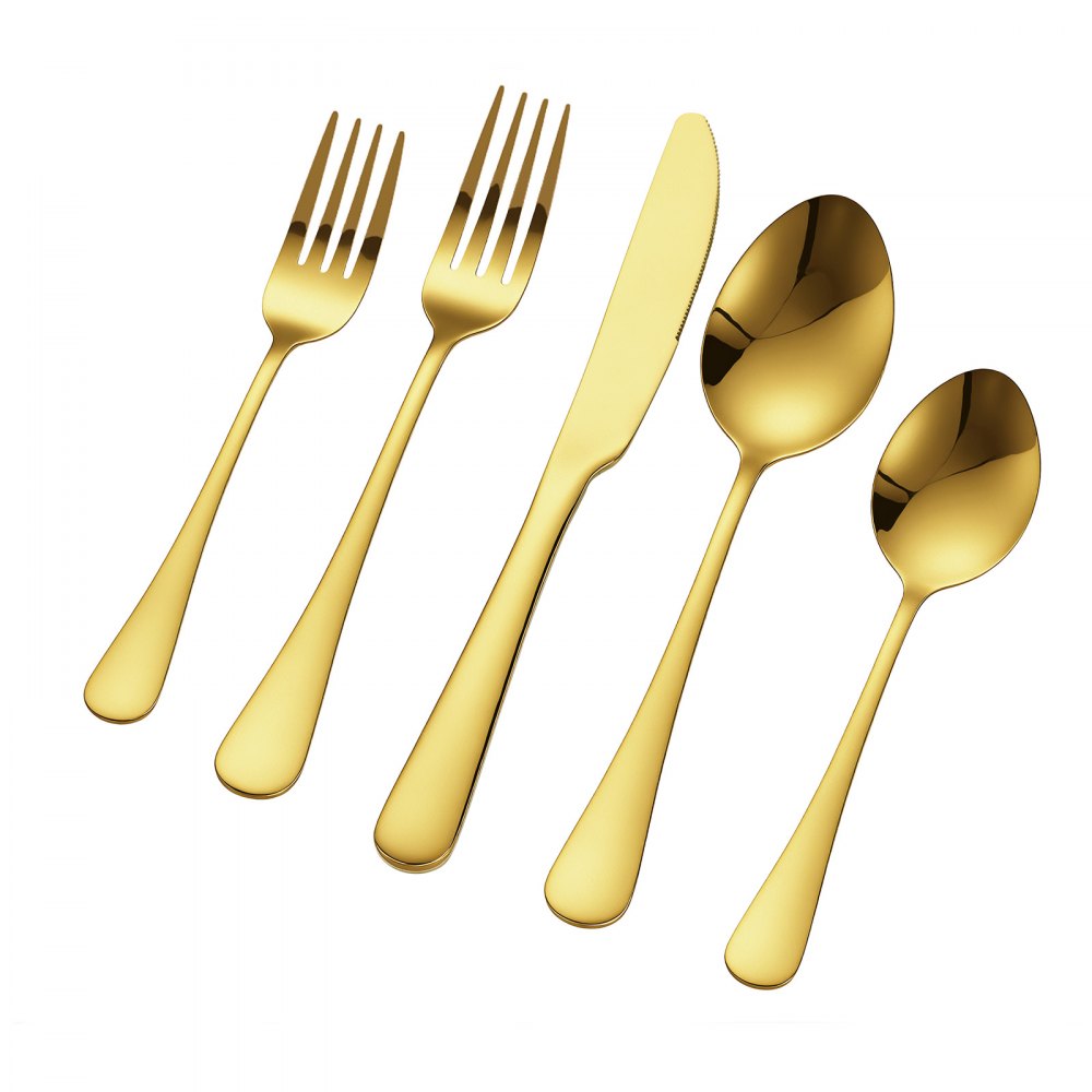 VEVOR 60-Piece Gold Silverware Set, Food-Grade Stainless Steel Flatware Utensils for 12, Mirror Finished Cutlery Set, Dishwasher Safe Eating Tableware for Kitchen Home, Include Knife Fork Spoon