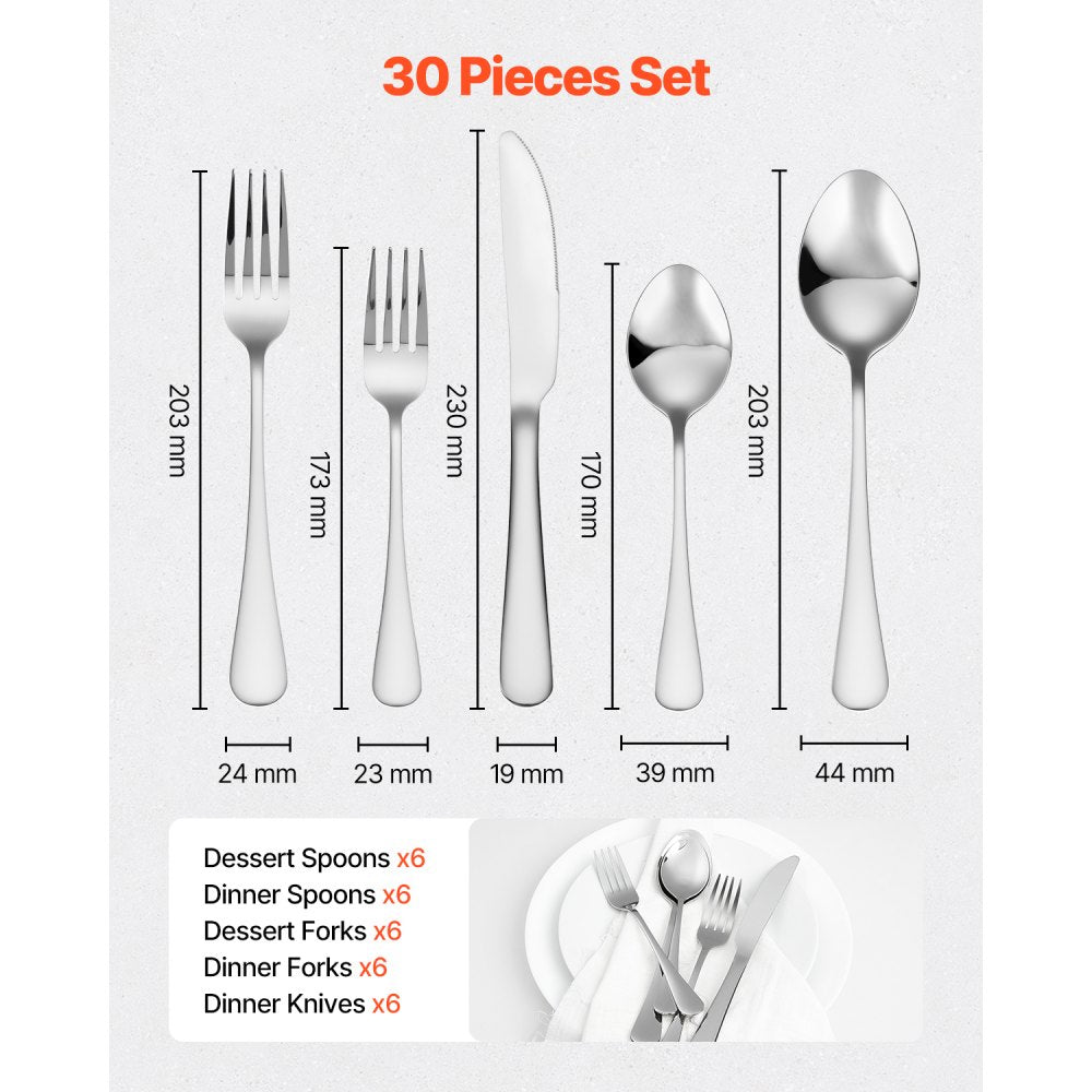 VEVOR 30-Piece Silverware Set, Food-Grade Stainless Steel Flatware Utensils, Mirror Finished Cutlery Set, Dishwasher Safe Eating Tableware for Kitchen Home, Service for 6, Include Knife Fork Spoon