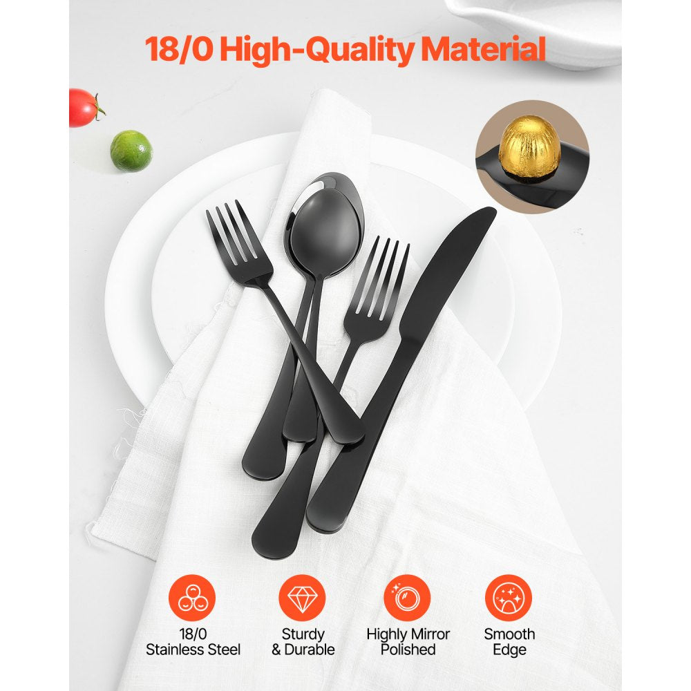 VEVOR 30-Piece Black Silverware Set, Food-Grade Stainless Steel Flatware Utensils for 6, Mirror Finished Cutlery Set, Dishwasher Safe Eating Tableware for Kitchen Home, Include Knife Fork Spoon