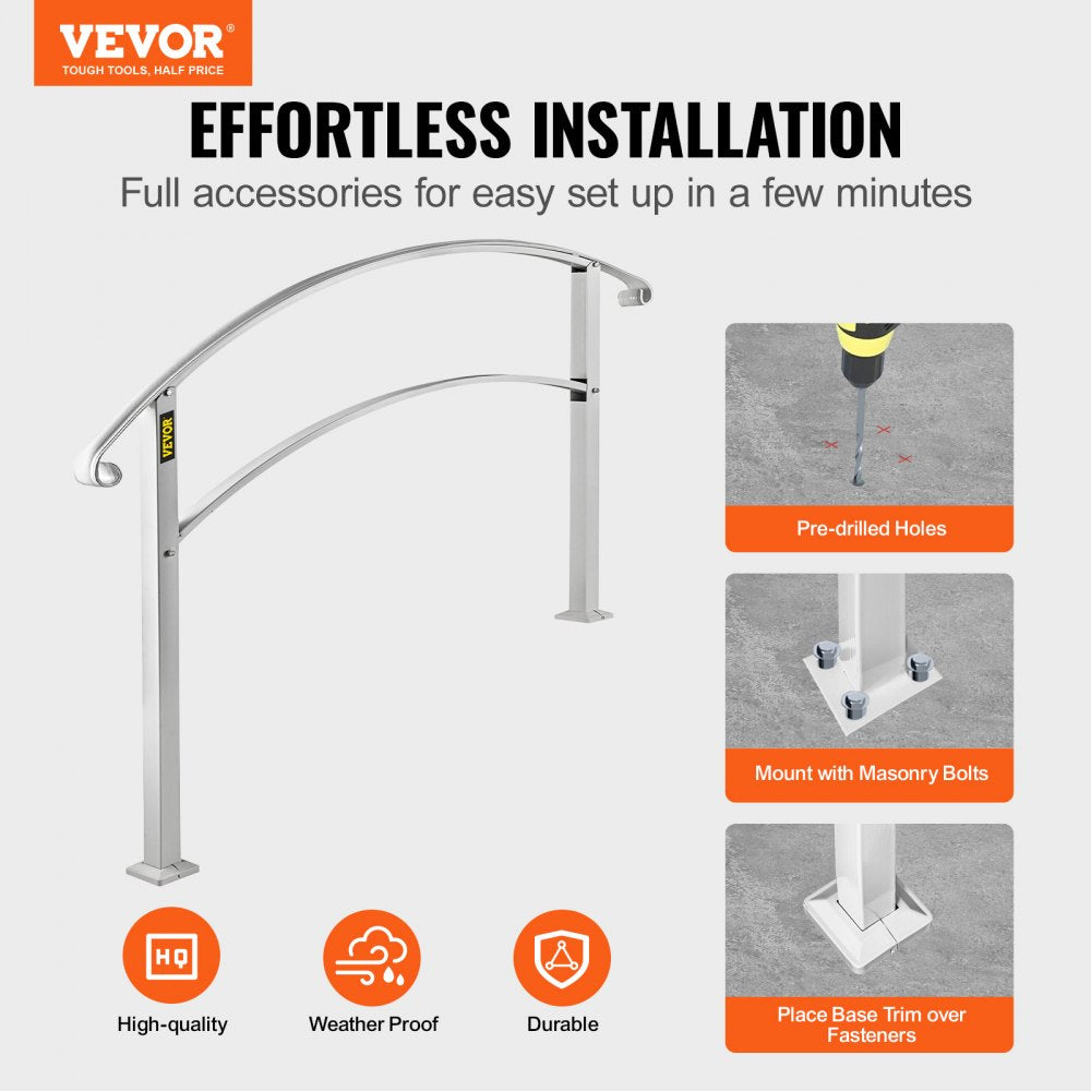 VEVOR Handrails for Outdoor Steps, Fit 1 or 4 Steps Outdoor Stair Railing, White Wrought Iron Handrail, Flexible Front Porch Hand Rail, Transitional Handrails for Concrete Steps or Wooden Stairs