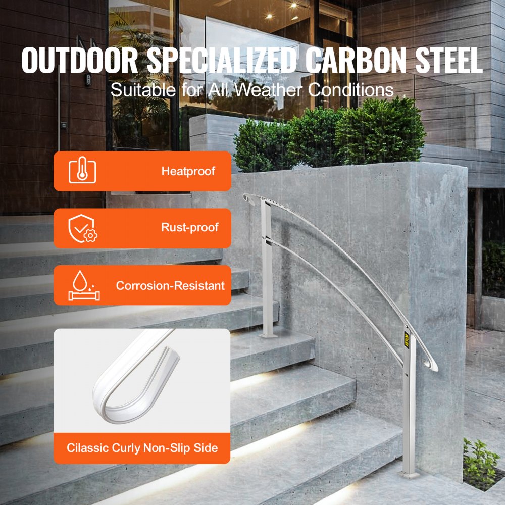 VEVOR Handrails for Outdoor Steps, Fit 1 or 4 Steps Outdoor Stair Railing, White Wrought Iron Handrail, Flexible Front Porch Hand Rail, Transitional Handrails for Concrete Steps or Wooden Stairs