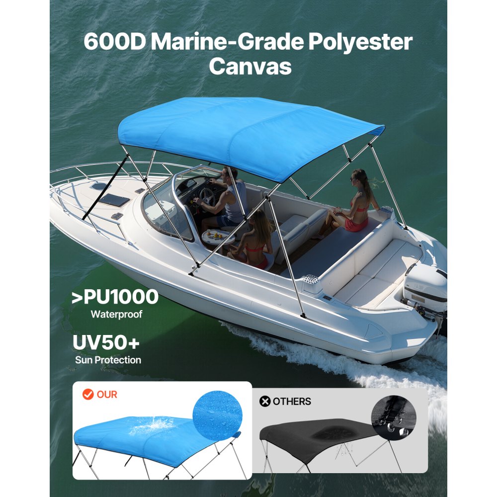 VEVOR 4 Bow Boat Bimini Tops, 600D Polyester Canopy with Aluminum Alloy Frame, Waterproof & Sun Shade Boat Awning Canopy with Storage Bag, 2 Support Poles, 4 Straps, 8'Lx(91"-96")Wx54"H, Pacific Blue
