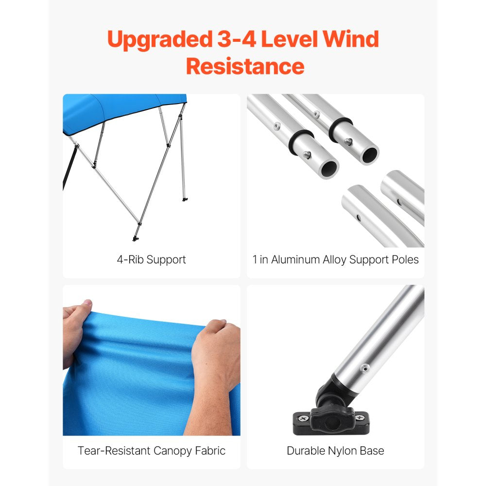 VEVOR 4 Bow Boat Bimini Tops, 600D Polyester Canopy with Aluminum Alloy Frame, Waterproof & Sun Shade Boat Awning Canopy with Storage Bag, 2 Support Poles, 4 Straps, 8'Lx(91"-96")Wx54"H, Pacific Blue