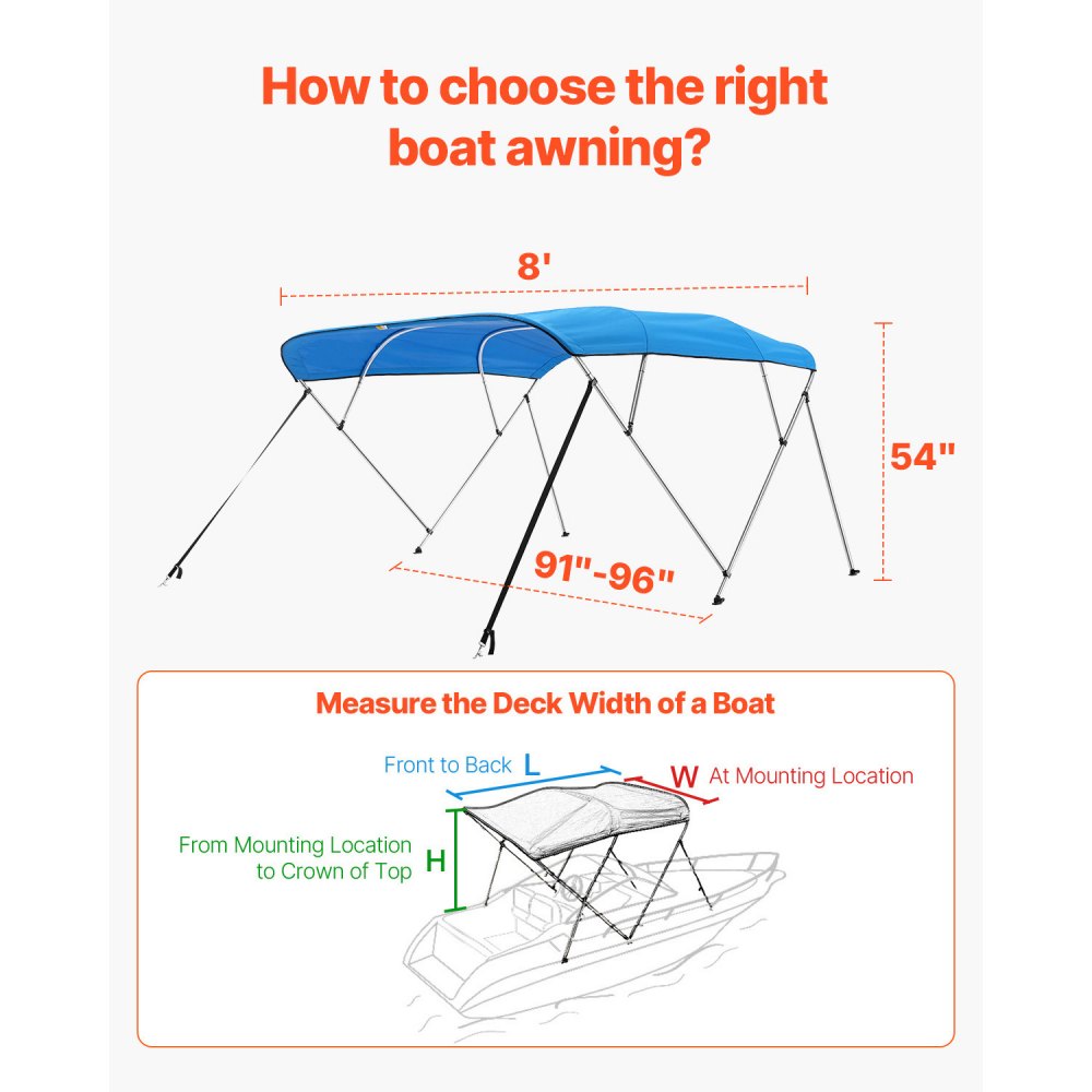 VEVOR 4 Bow Boat Bimini Tops, 600D Polyester Canopy with Aluminum Alloy Frame, Waterproof & Sun Shade Boat Awning Canopy with Storage Bag, 2 Support Poles, 4 Straps, 8'Lx(91"-96")Wx54"H, Pacific Blue