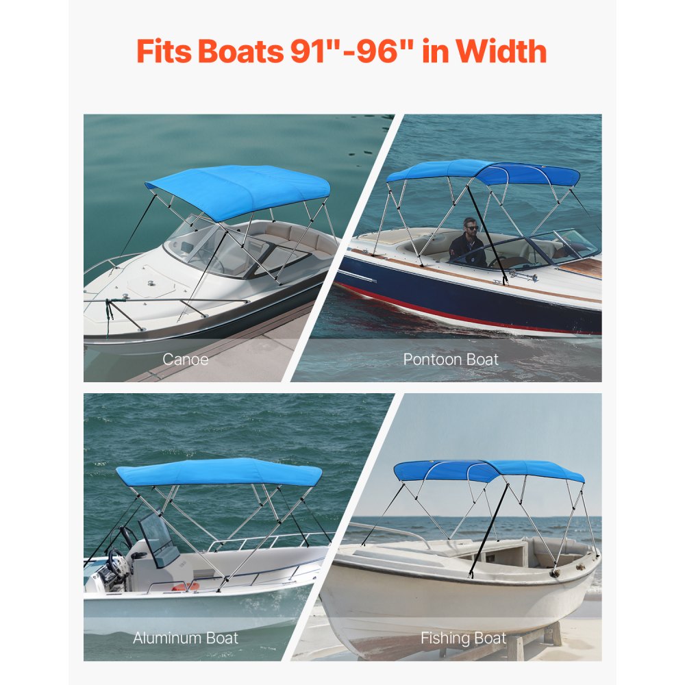VEVOR 4 Bow Boat Bimini Tops, 600D Polyester Canopy with Aluminum Alloy Frame, Waterproof & Sun Shade Boat Awning Canopy with Storage Bag, 2 Support Poles, 4 Straps, 8'Lx(91"-96")Wx54"H, Pacific Blue